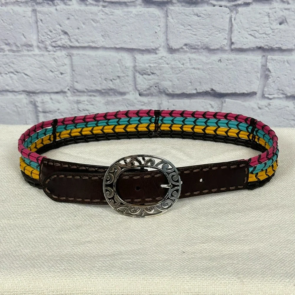 VTG Brighton Leather Belt Womens 34 Multicolor Ropes Boho‎ Western 20638